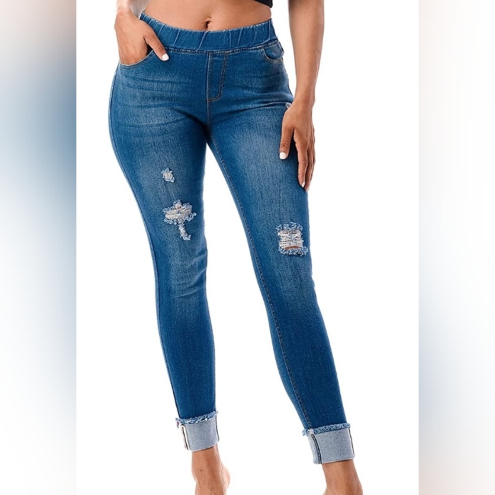New Women's Stretch Pull-On Jeans Skinny Ripped Distressed Denim Jeggings